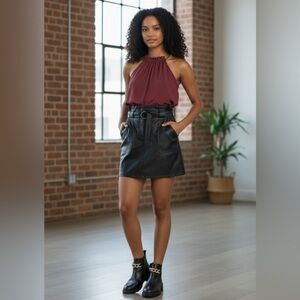 DO+BE Black Faux Leather Paperbag Waist Mini Skirt w/ Belt Size Small